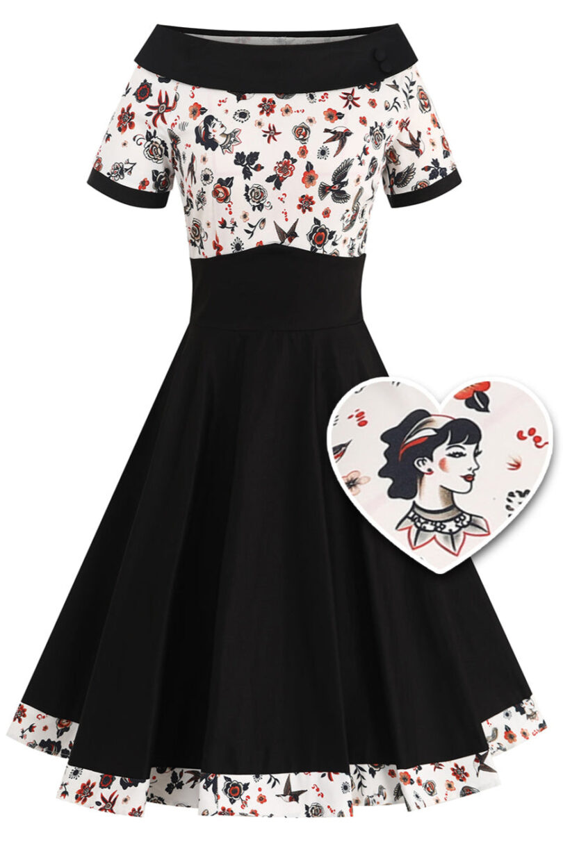 Darlene Black Rockabilly Tattoo Print Swing Dress  Shop now at Kitty Darling