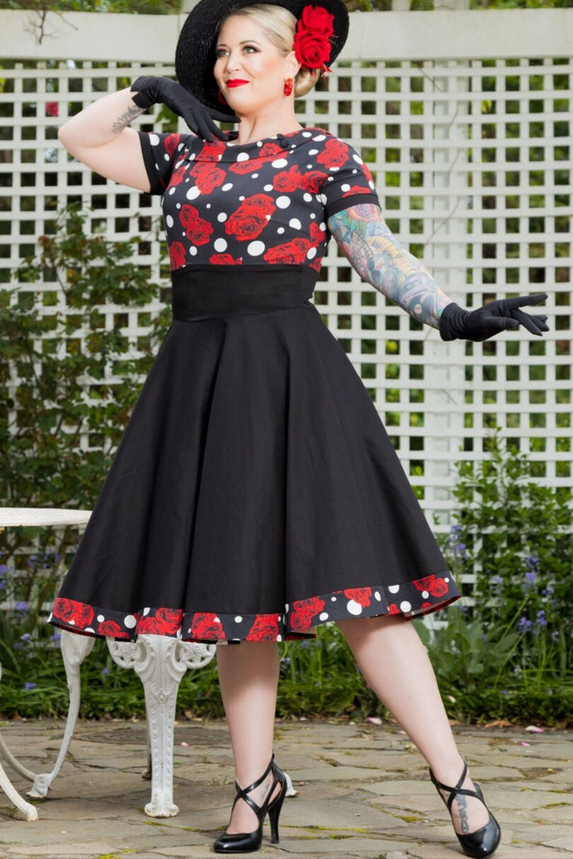 Darlene Retro Swing Dress in Black/Red Rose & Polka Dot Print  Shop now at Kitty Darling