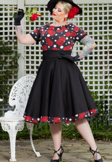 Darlene Retro Swing Dress in Black/Red Rose & Polka Dot Print – Swing Dresses | Kitty Darling