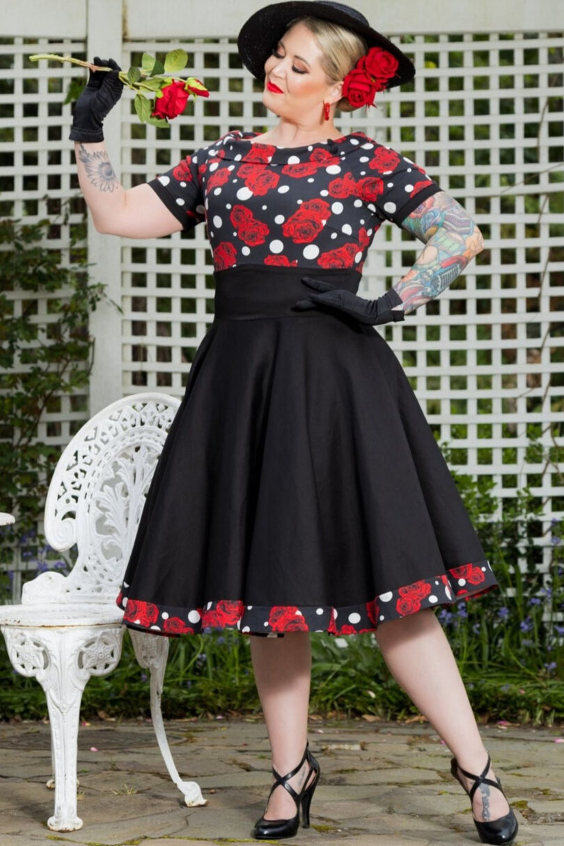 Darlene Retro Swing Dress in Black/Red Rose & Polka Dot Print  Shop now at Kitty Darling