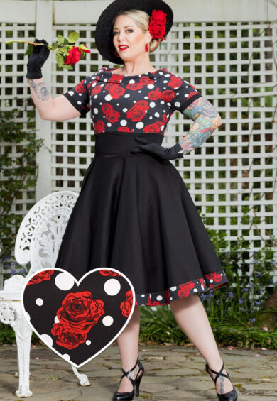 Darlene Retro Swing Dress in Black/Red Rose & Polka Dot Print – Swing Dresses | Kitty Darling