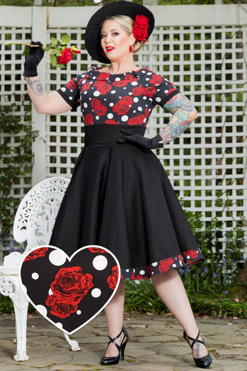 Darlene Retro Swing Dress in Black/Red Rose & Polka Dot Print  Shop now at Kitty Darling