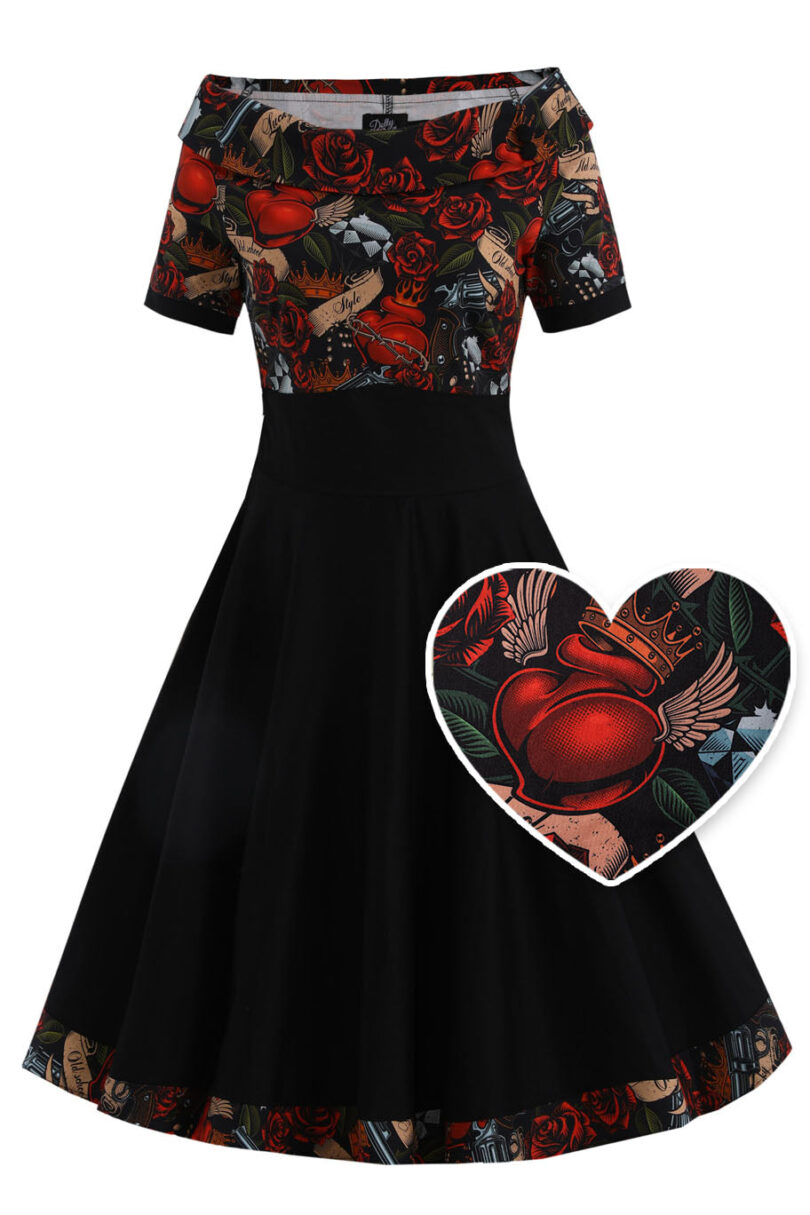 Darlene Black Rockabilly Heart & Roses Retro Print Swing Dress  Shop now at Kitty Darling