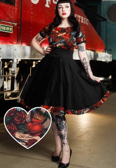 Darlene Black Rockabilly Heart & Roses Retro Print Swing Dress – Dresses | Kitty Darling