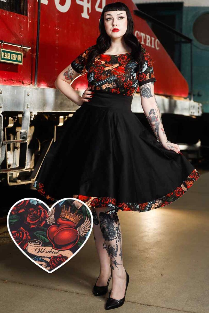 Darlene Black Rockabilly Heart & Roses Retro Print Swing Dress  Shop now at Kitty Darling