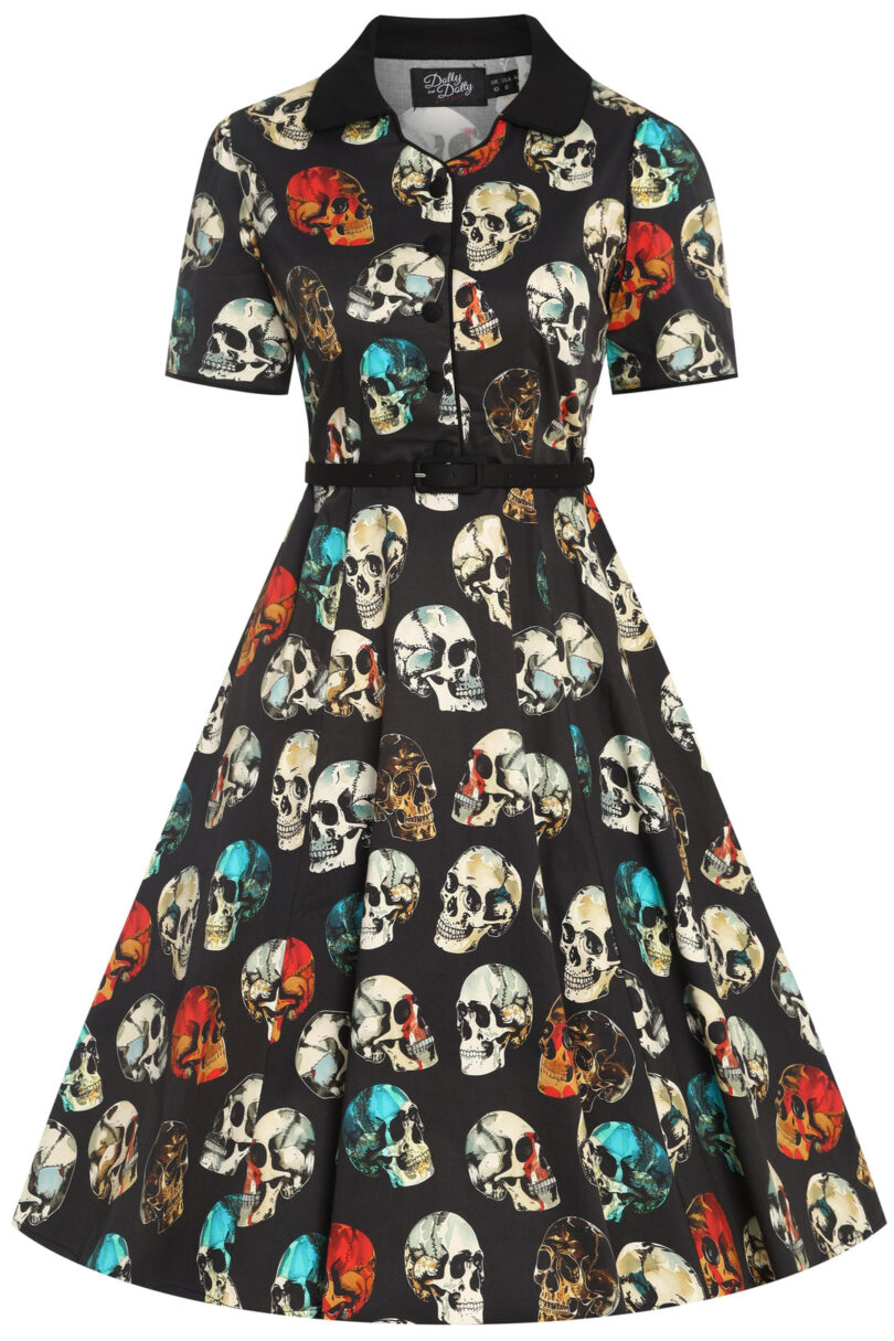 Penelope Rockabilly Black Skull Print Shirt Dress  Shop now at Kitty Darling