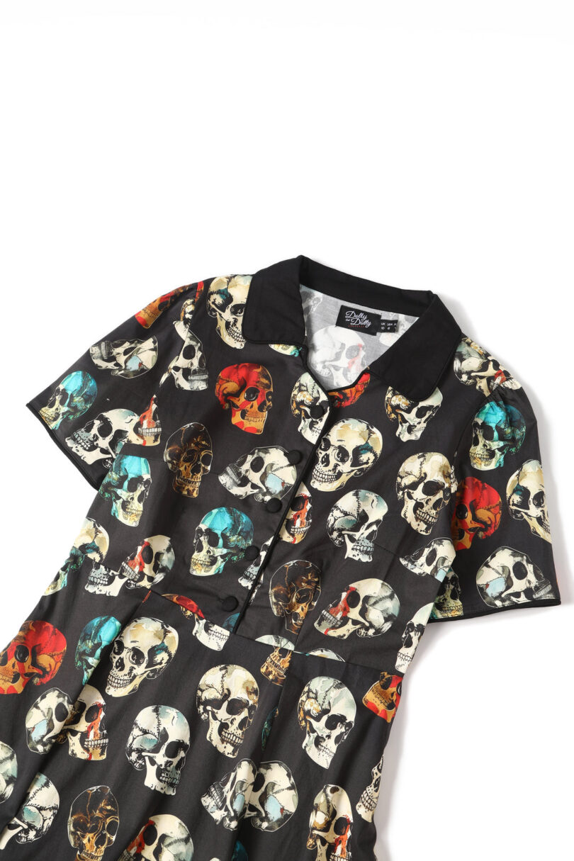 Penelope Rockabilly Black Skull Print Shirt Dress  Shop now at Kitty Darling