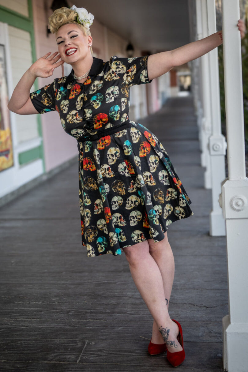 Penelope Rockabilly Black Skull Print Shirt Dress  Shop now at Kitty Darling