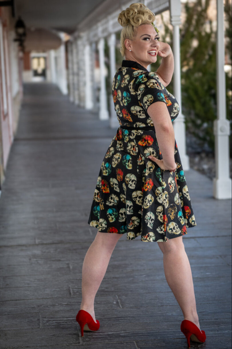 Penelope Rockabilly Black Skull Print Shirt Dress  Shop now at Kitty Darling