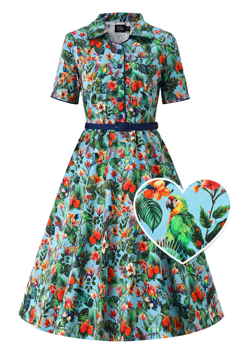 Penelope Light Blue Tropical Garden Shirt Dress  Shop now at Kitty Darling