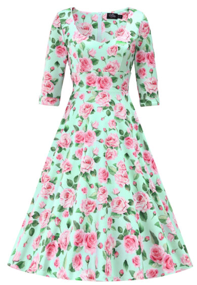 Scarlette Pink Rose Midi Dress In Baby Blue – Dresses | Kitty Darling
