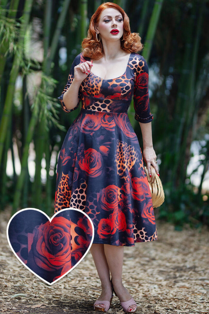 Scarlette Rockabilly Leopard Rose Midi Dress  Shop now at Kitty Darling