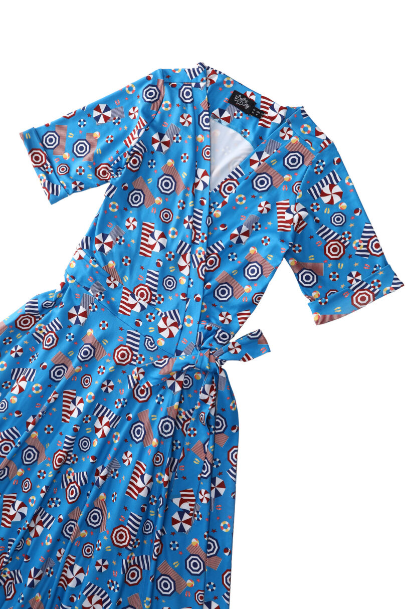 Matilda Wrap Dress In Blue Parasole Print  Shop now at Kitty Darling