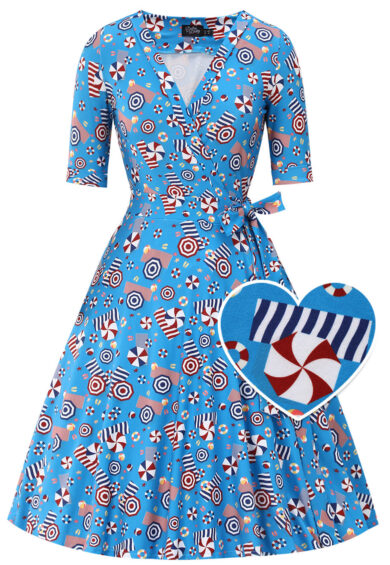 Matilda Wrap Dress In Blue Parasole Print – Dresses | Kitty Darling