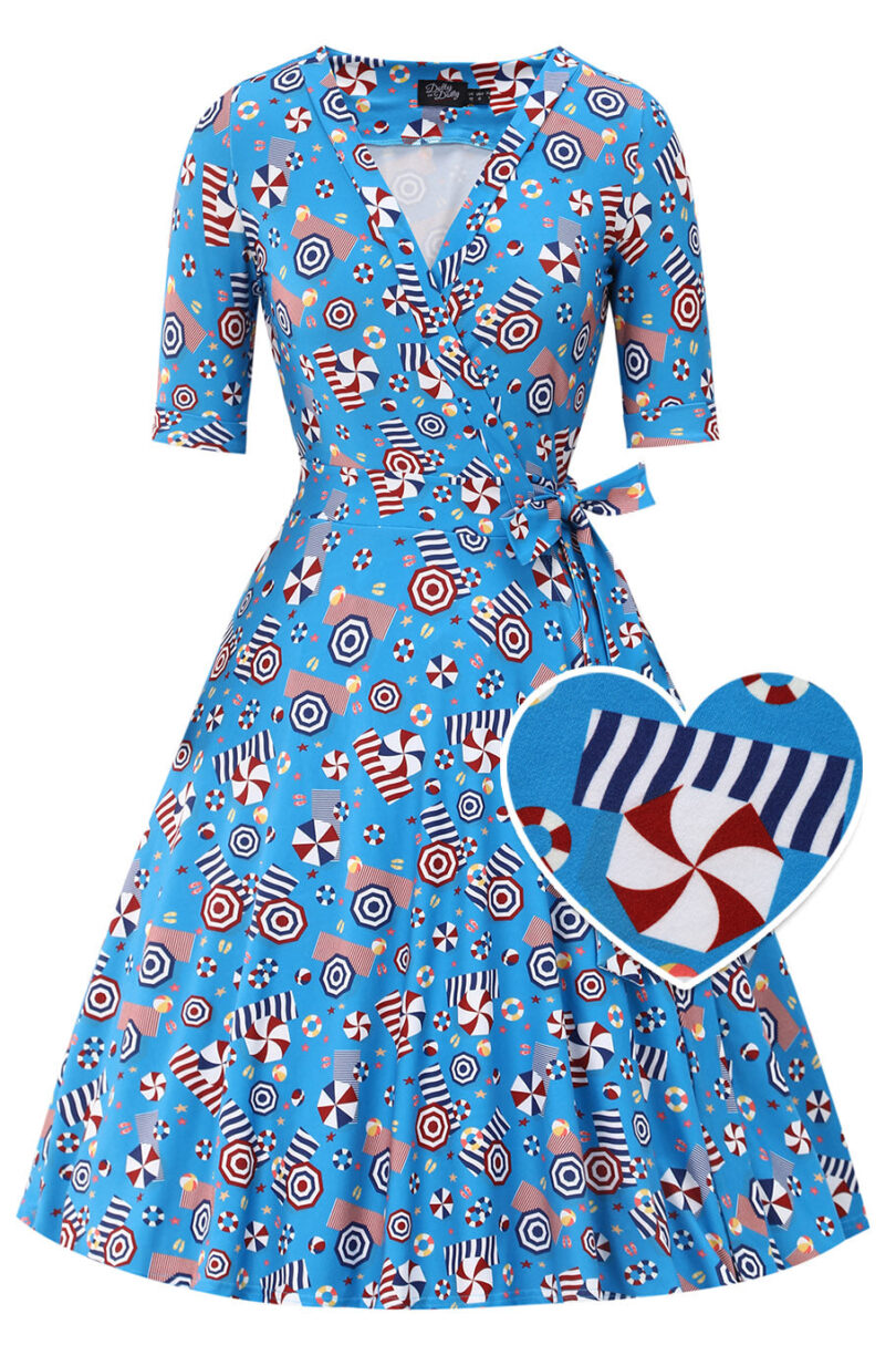 Matilda Wrap Dress In Blue Parasole Print  Shop now at Kitty Darling