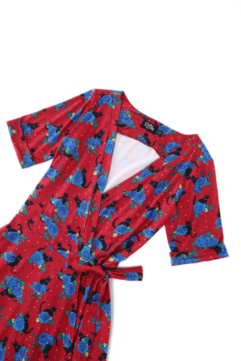 Matilda Wrap Dress In Crimson Red Cat Print  Shop now at Kitty Darling