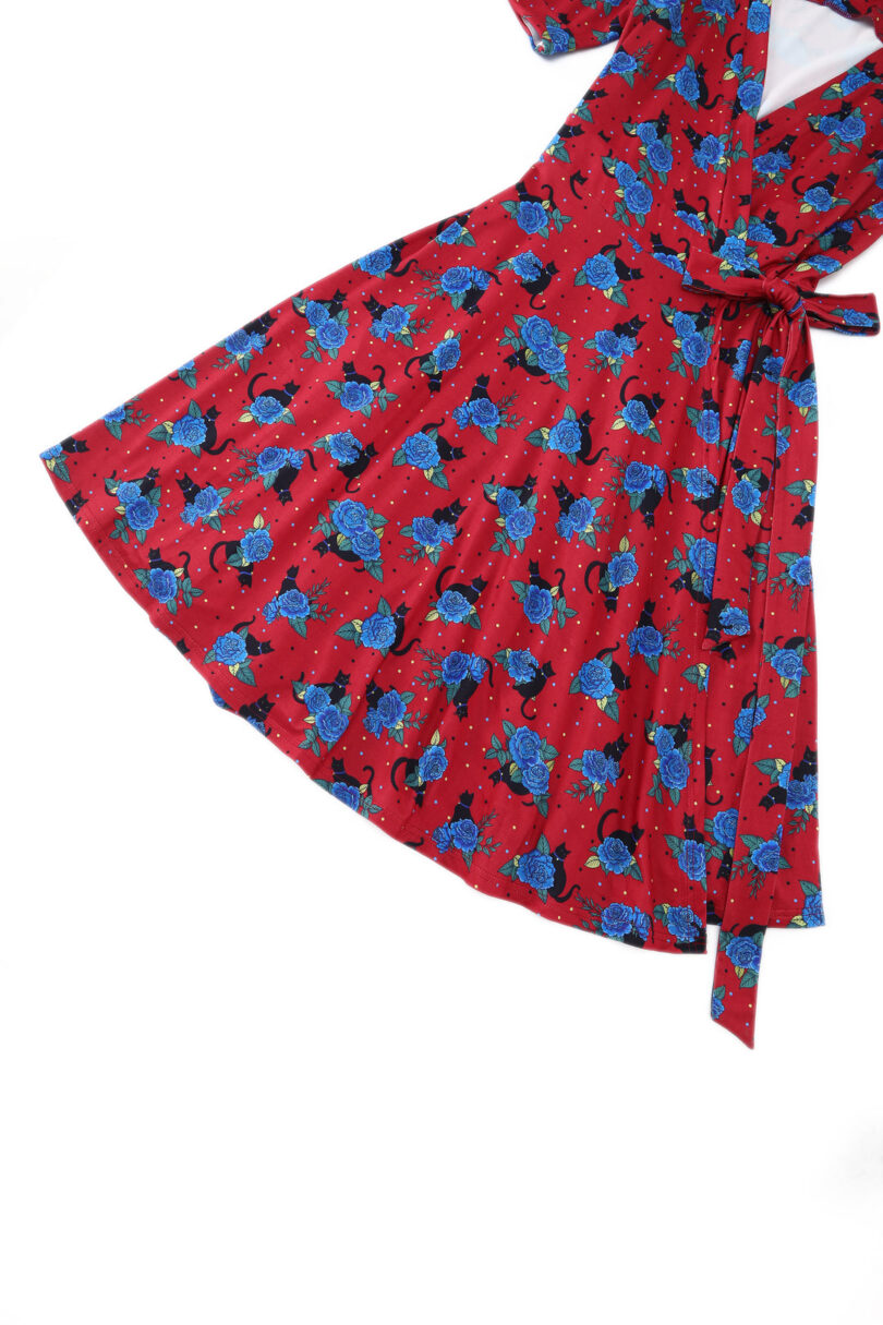 Matilda Wrap Dress In Crimson Red Cat Print  Shop now at Kitty Darling