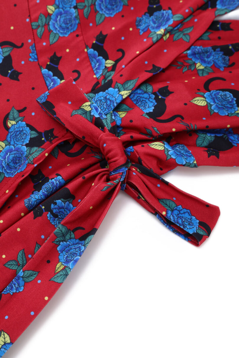 Matilda Wrap Dress In Crimson Red Cat Print  Shop now at Kitty Darling