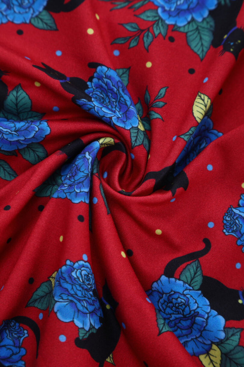 Matilda Wrap Dress In Crimson Red Cat Print  Shop now at Kitty Darling