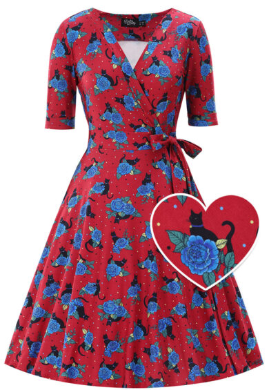 Matilda Wrap Dress In Crimson Red Cat Print – Dresses | Kitty Darling