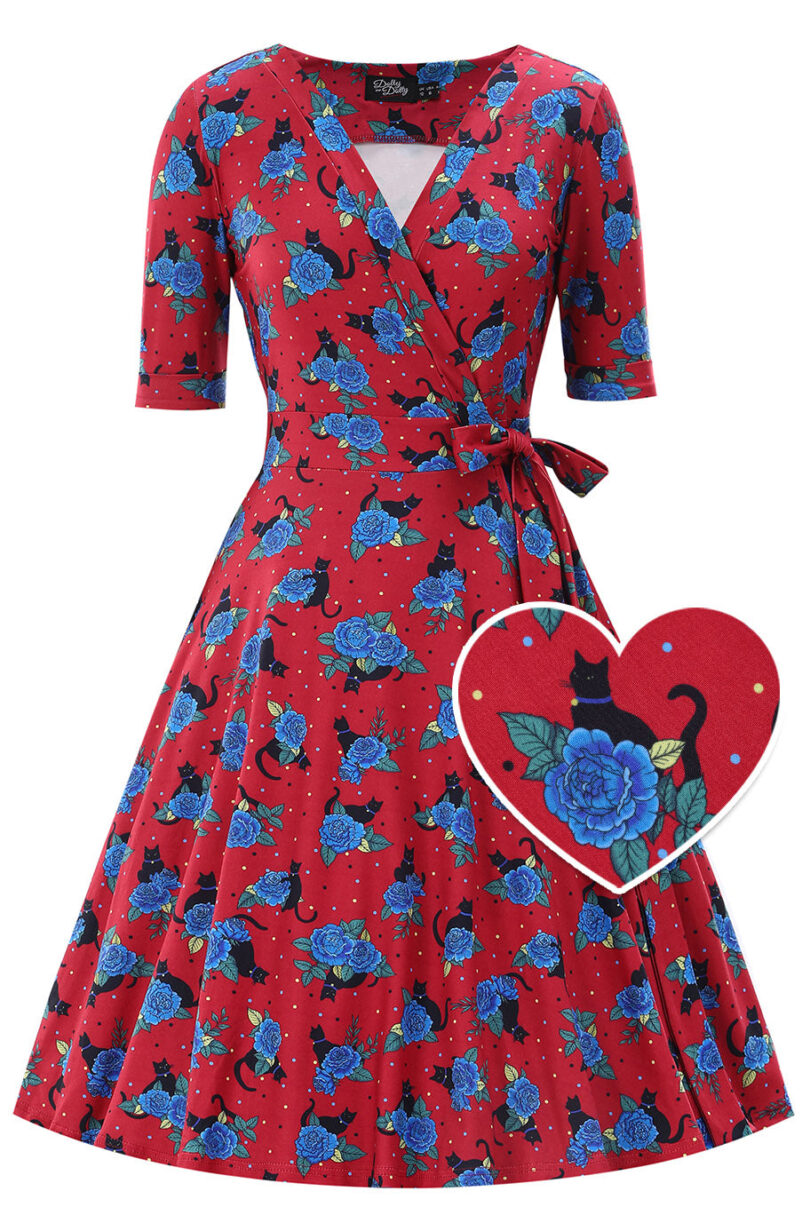 Matilda Wrap Dress In Crimson Red Cat Print  Shop now at Kitty Darling