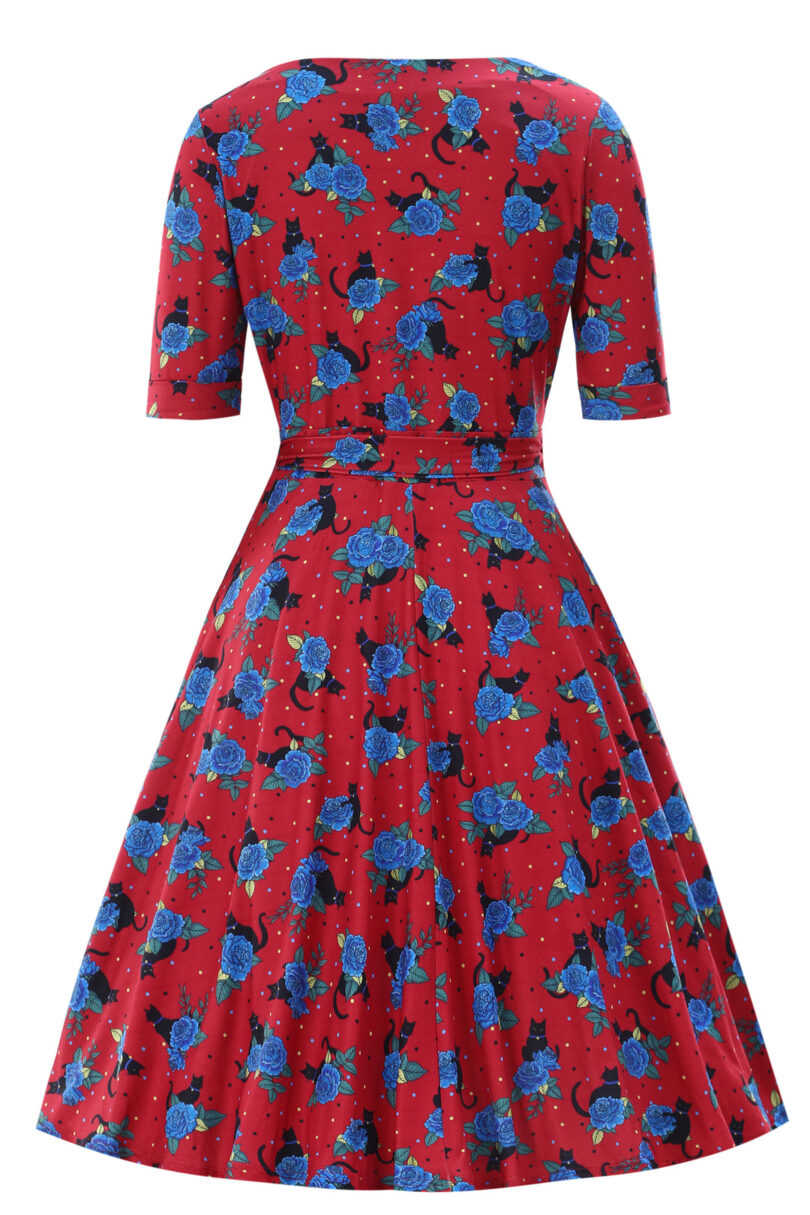 Matilda Wrap Dress In Crimson Red Cat Print  Shop now at Kitty Darling