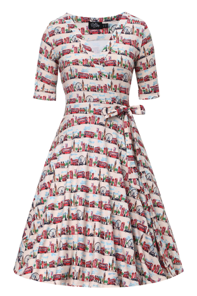 Matilda White Vintage-Inspired London Landmark Print Knit Wrap Dress  Shop now at Kitty Darling
