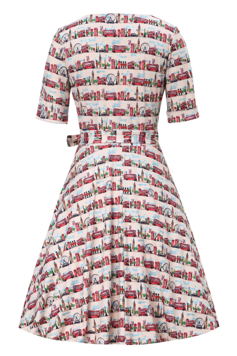 Matilda White Vintage-Inspired London Landmark Print Knit Wrap Dress  Shop now at Kitty Darling