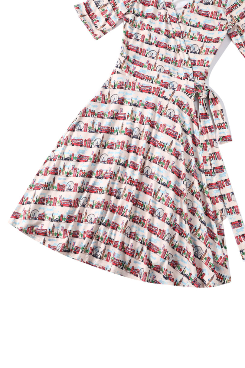 Matilda White Vintage-Inspired London Landmark Print Knit Wrap Dress  Shop now at Kitty Darling