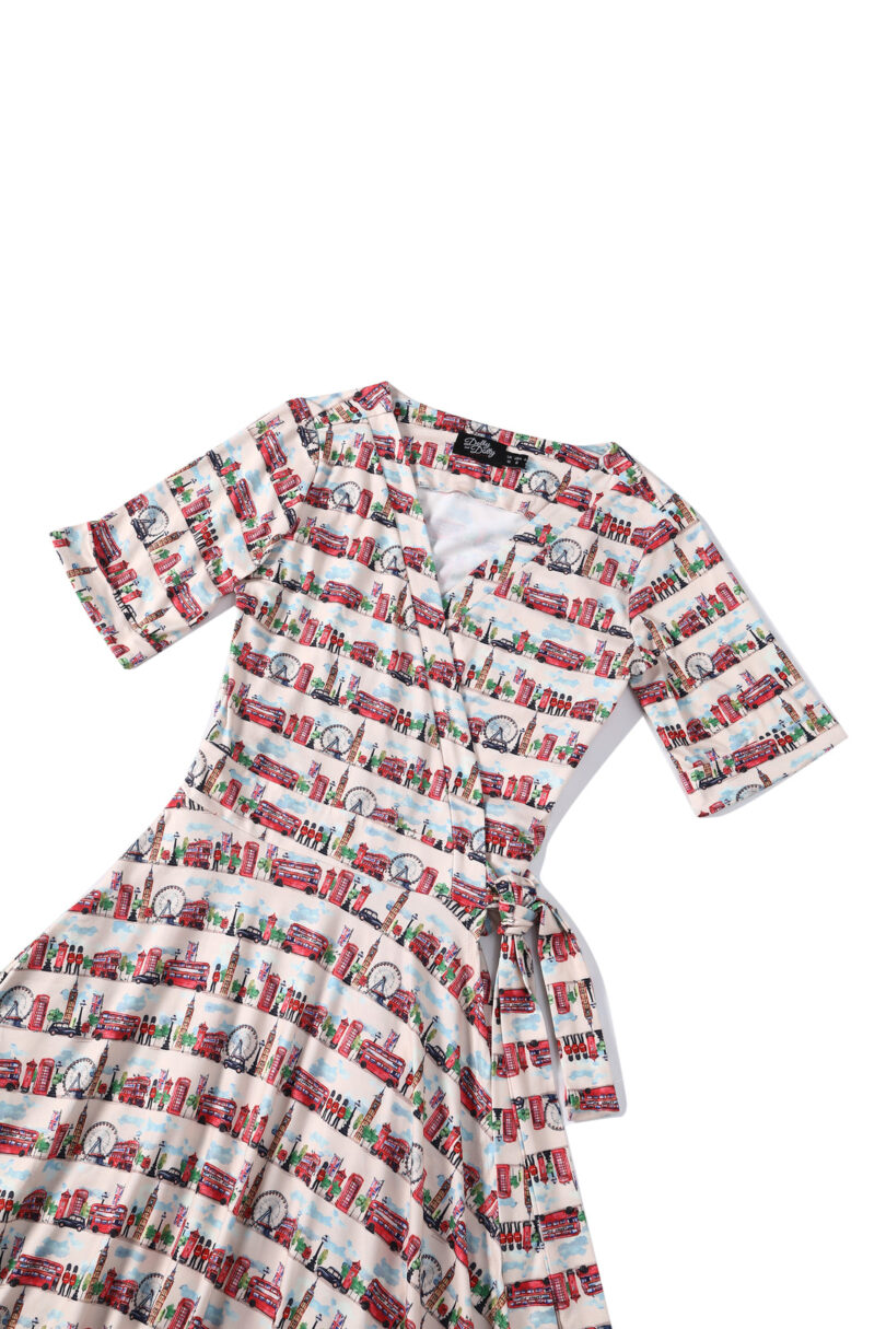 Matilda White Vintage-Inspired London Landmark Print Knit Wrap Dress  Shop now at Kitty Darling