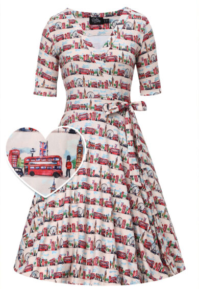 Matilda White Vintage-Inspired London Landmark Print Knit Wrap Dress – Tops | Kitty Darling