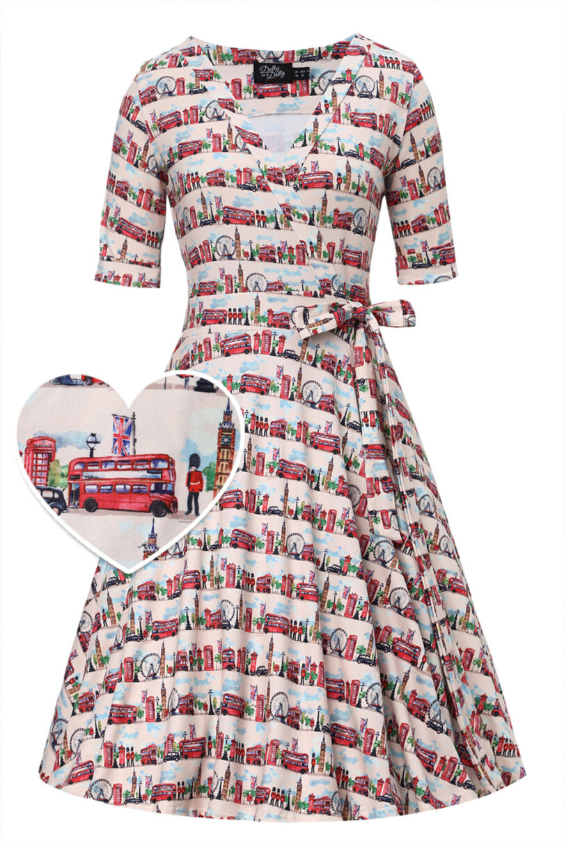 Matilda White Vintage-Inspired London Landmark Print Knit Wrap Dress  Shop now at Kitty Darling