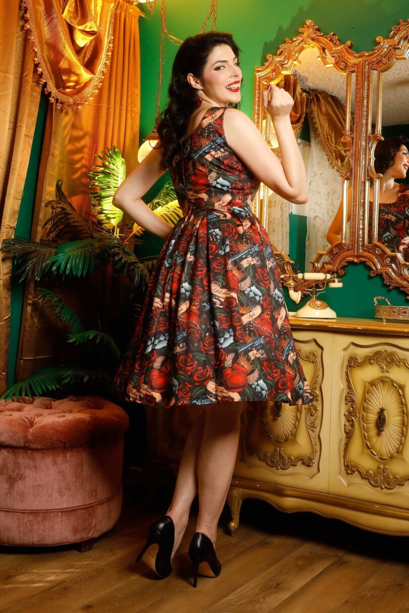 Amanda Scoop Neck Swing Dress in Heart and Roses Print  Shop now at Kitty Darling