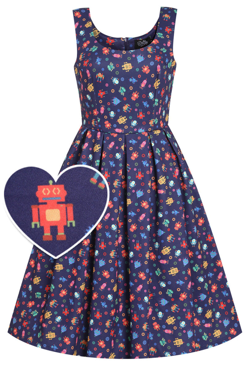 Amanda Purple Quirky Robot Print Flared Dress  Shop now at Kitty Darling