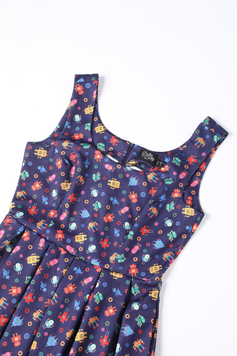 Amanda Purple Quirky Robot Print Flared Dress  Shop now at Kitty Darling
