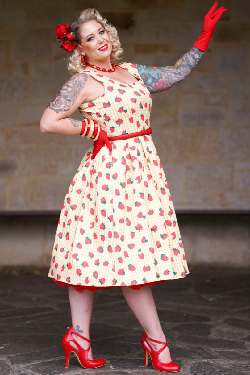 Amanda Strawberry Yellow Gingham Summer Dress  Shop now at Kitty Darling