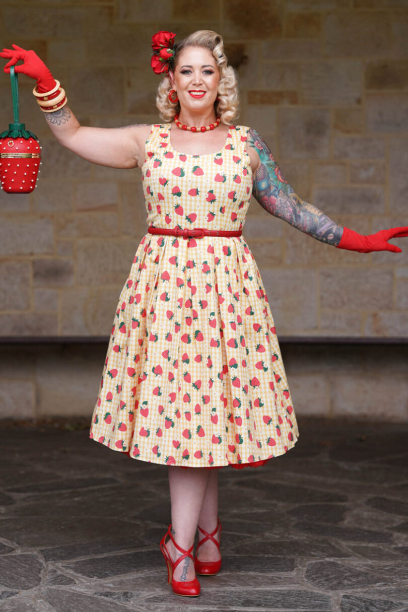 Amanda Strawberry Yellow Gingham Summer Dress  Shop now at Kitty Darling