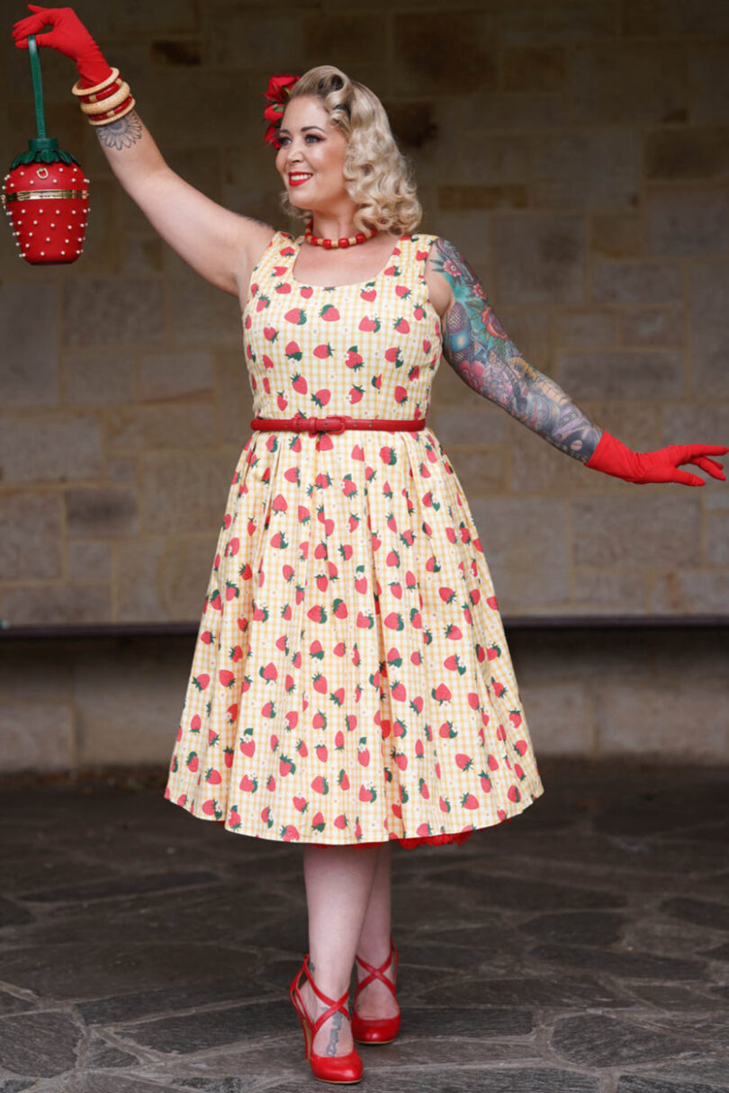 Amanda Strawberry Yellow Gingham Summer Dress  Shop now at Kitty Darling