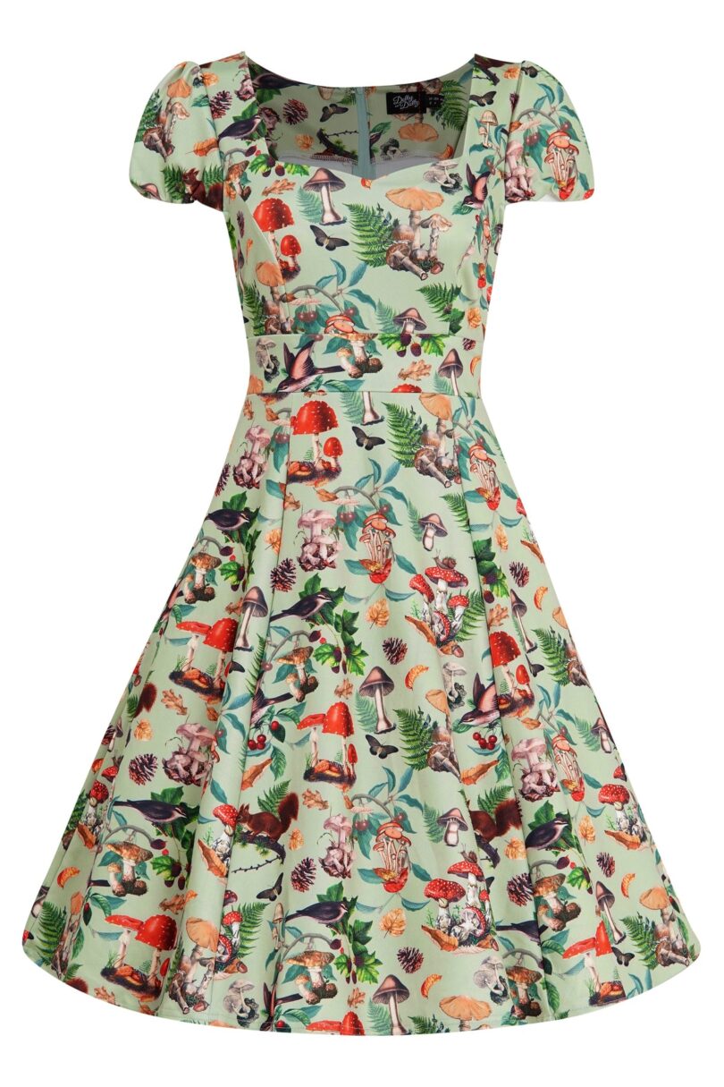Claudia Cap Sleeved Dress in Mushroom, Squirrels Forest Print  Shop now at Kitty Darling