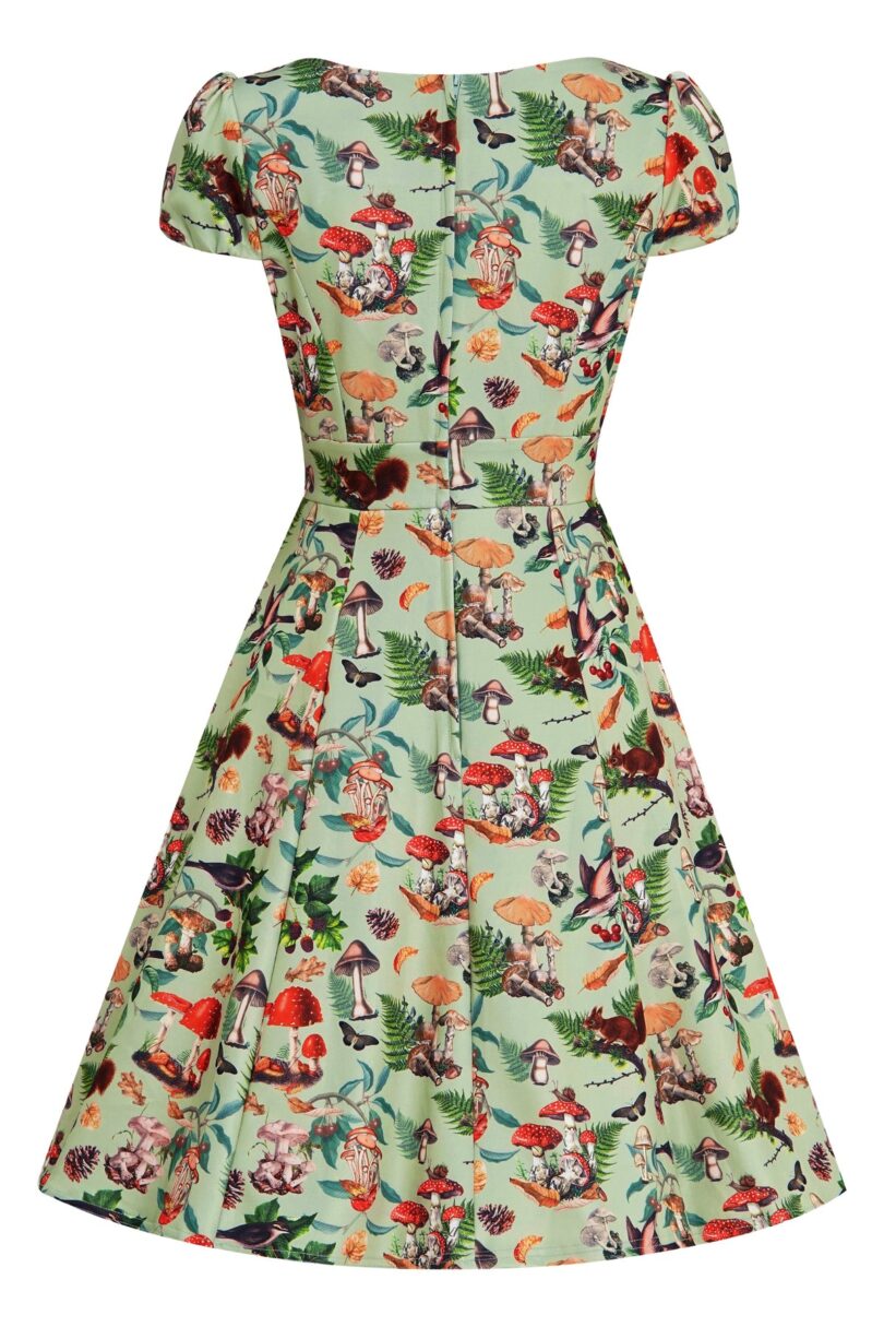 Claudia Cap Sleeved Dress in Mushroom, Squirrels Forest Print  Shop now at Kitty Darling