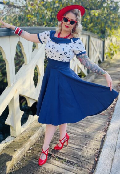 Darlene 50s Falling Down with Nautical Top and Navy Skirt with Sleeve Hem – Shorts | Kitty Darling