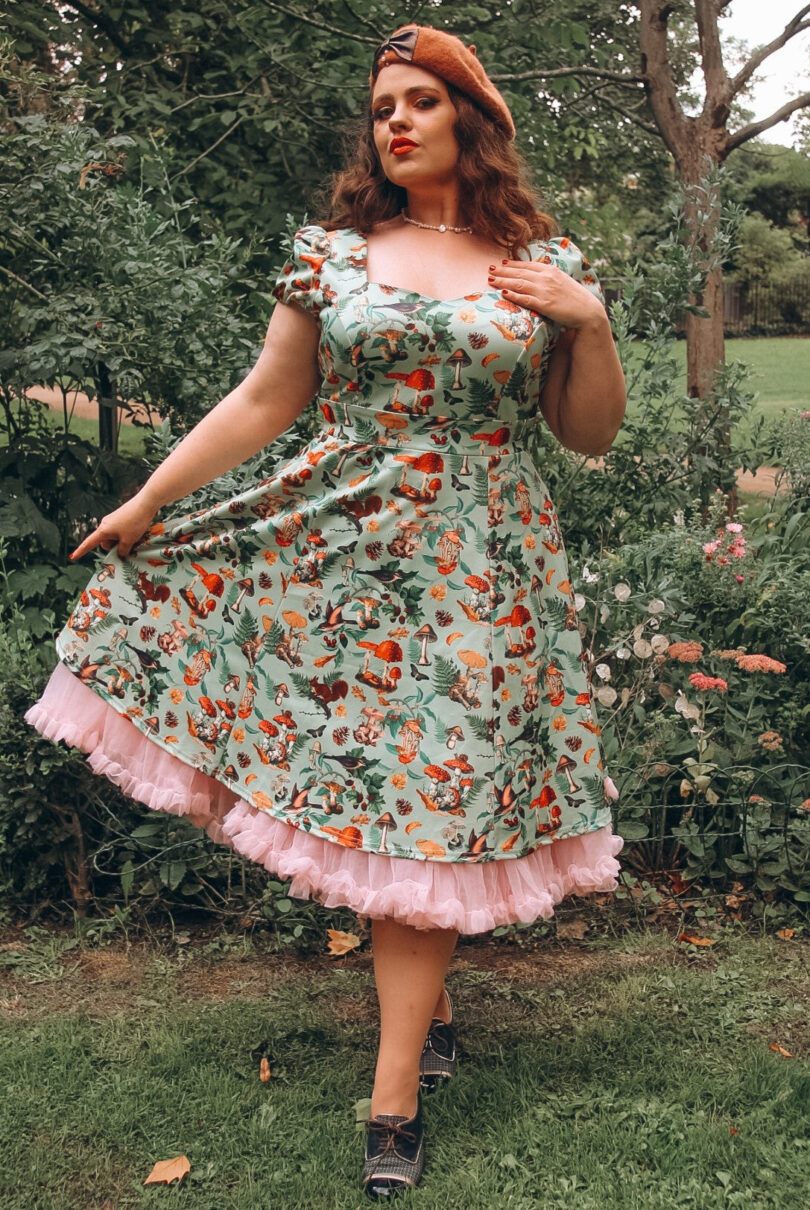 Claudia Cap Sleeved Dress in Mushroom, Squirrels Forest Print  Shop now at Kitty Darling