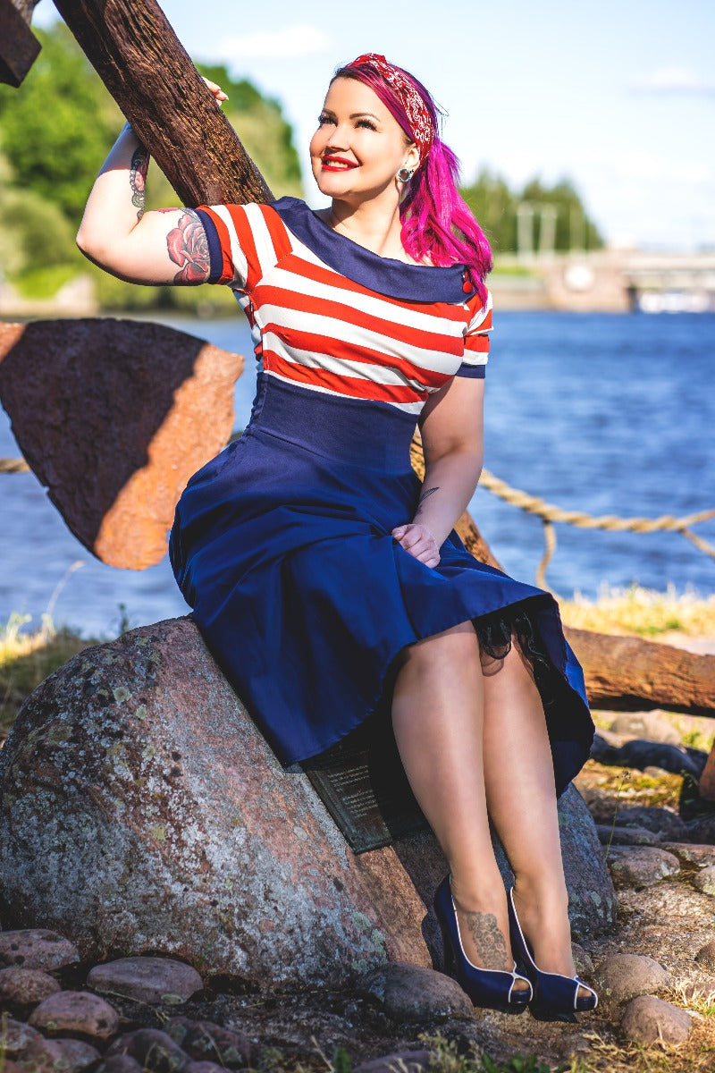 Darlene Retro Swing Dress in Navy with Red & White Stripes  Shop now at Kitty Darling