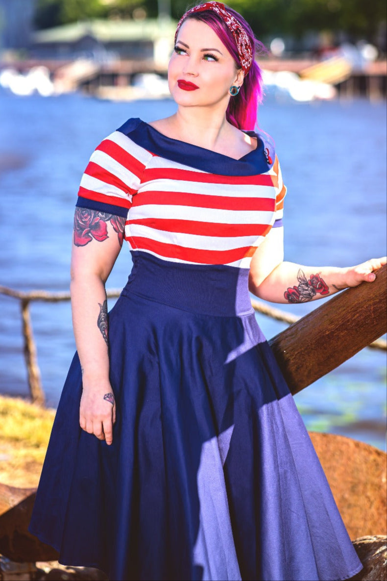 Darlene Retro Swing Dress in Navy with Red & White Stripes  Shop now at Kitty Darling