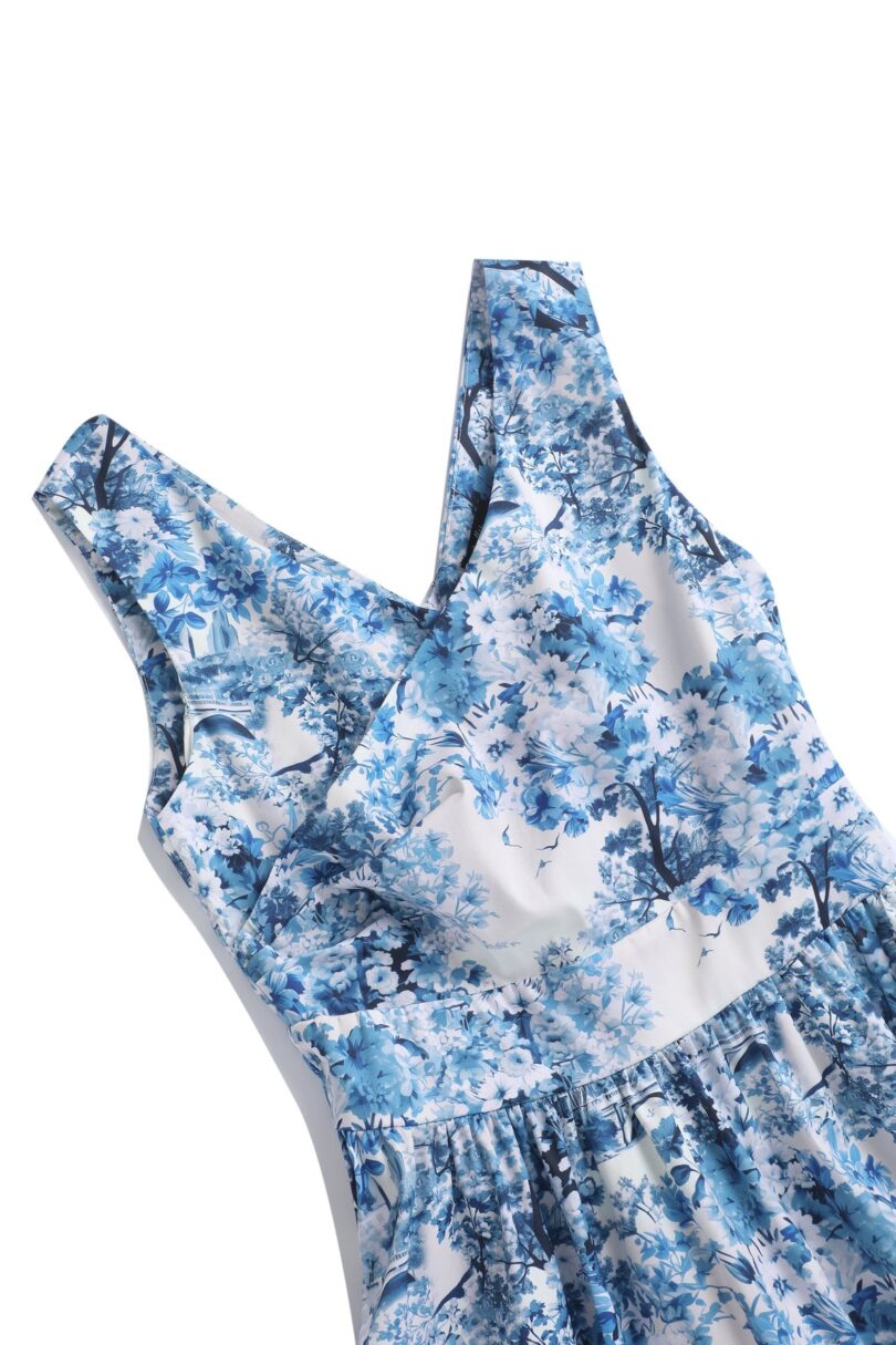 May V-neck White 50's Style Blue Big Ben Print Swing Dress  Shop now at Kitty Darling