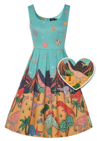 Amanda Turquoise Dinosaur World Print Swing Dress – Dresses | Kitty Darling