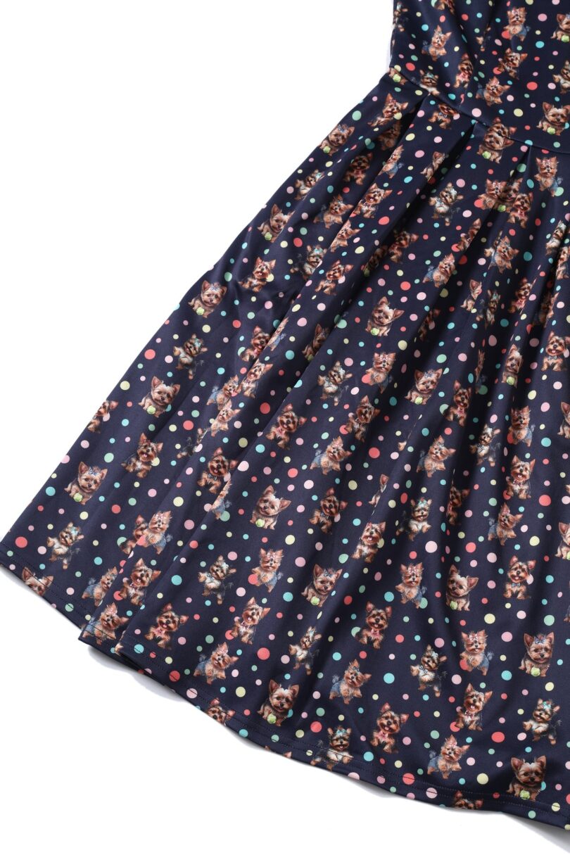 Amanda Purple Yorkie & Colourful Polka Dot Print Swing Dress  Shop now at Kitty Darling