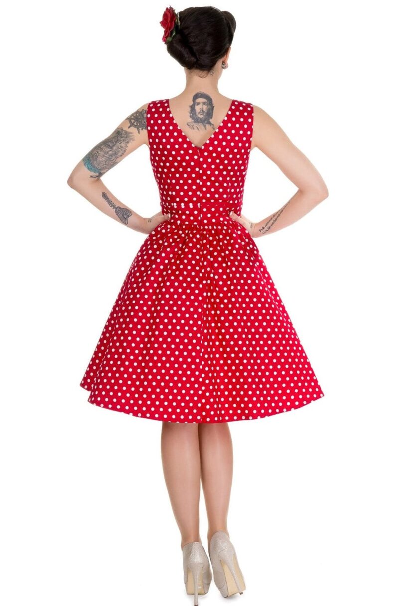 May V-neck 50s Style Swing Dress in Red Polka  Shop now at Kitty Darling