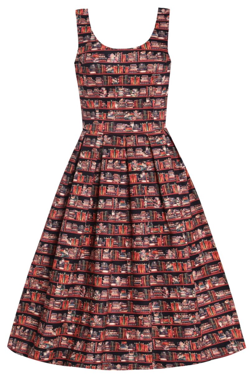 Amanda Vintage Inspired Library Book & Cat Print Swing Dress  Shop now at Kitty Darling