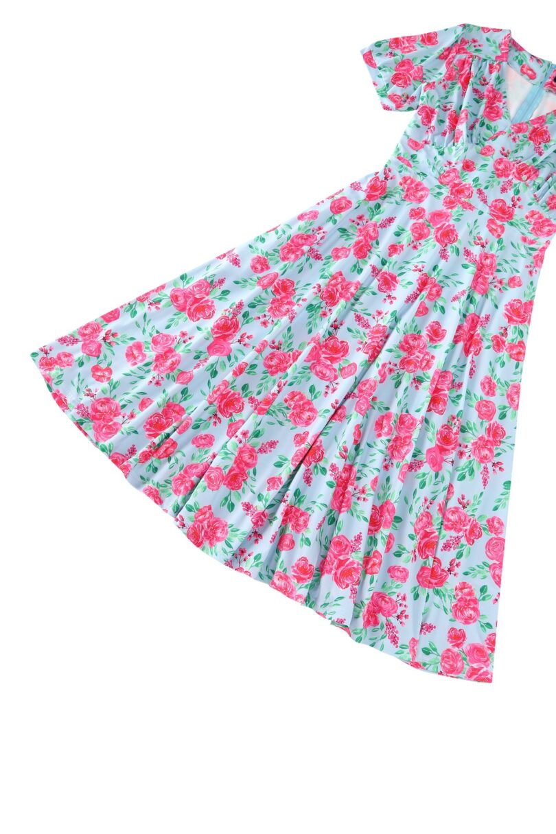 Julia Pink Rose Midi Dress In Baby Blue  Shop now at Kitty Darling